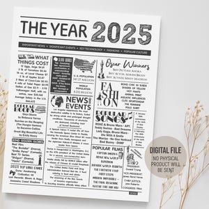 La idea de la cápsula del tiempo del año 2025, cartel de repaso de los nacidos en 2025, datos curiosos del periódico 2025, regalo de recuerdo de cumpleaños, descarga digital imprimible