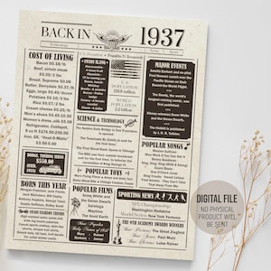 Terug in 1937 Fun Facts Poster, Verjaardagsfeest decoraties, Geboorte Krant, Het jaar 1937 in Review Sign, Digitaal Afdrukbare Download