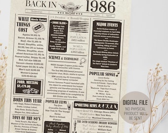 Back in 1986 Fun Facts Poster, Birthday Party Decorations, Birth Newspaper, The Year 1986 in Review Sign, Digital Printable Download