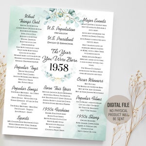 1958 The Year You Were Born, Fun Facts Poster, Birthday Green Teal Decorations, Back in 1958 in Review Sign, Digital Printable Download