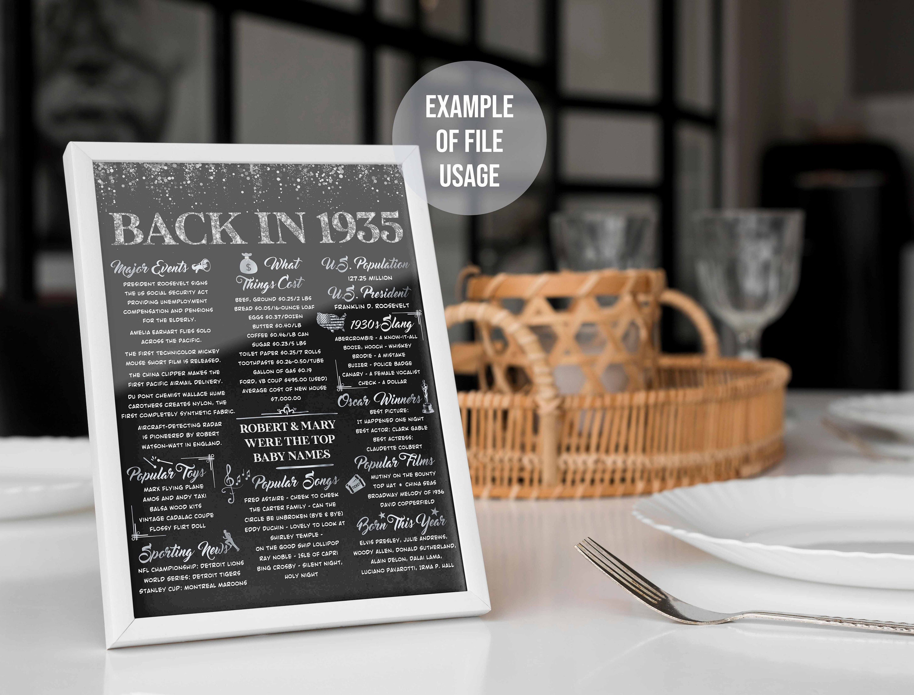 Back in 1935 Fun Facts Poster, Silver & Black Party Decoration ...