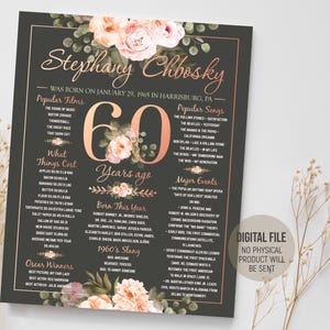 Idee per decorazioni per la festa del 60° compleanno, cartello "Nato nel 1965" in evidenza, regalo personalizzato per lei, poster con curiosità sul 1965, file digitale stampabile