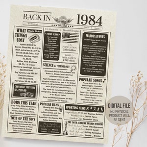 Terug in 1984 in Review, Verjaardag Krant Sign, The Years Ago Poster, 1984 Fun Facts Poster, Party Decorations, Printable Digital Download