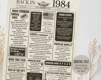 Back in 1984 in Review, Birthday Newspaper Sign, The Years Ago Poster, 1984 Fun Facts Poster, Party Decorations, Printable Digital Download