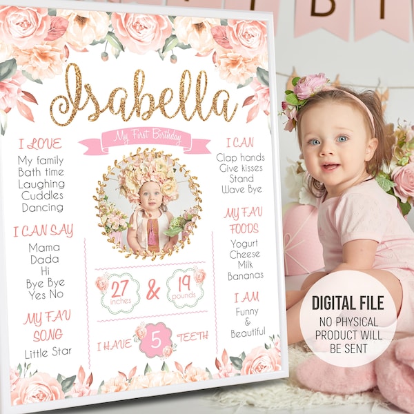 Girl 1st Birthday Poster with Photo, First Birthday Board Sign with Picture, One Year Birthday Sign, Milestone Chalkboard, Digital File