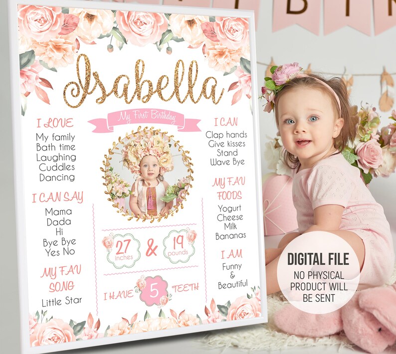 Girl 1st Birthday Poster With Photo First Birthday Board Sign - Etsy