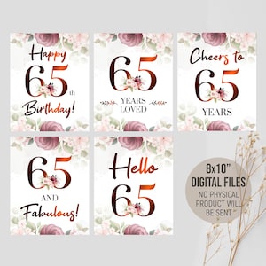 Printable 65th Milestone Birthday Decorations, Birthday Party Signs for Her, Hello 65 Years Loved, Table Decor, Digital Printable Download