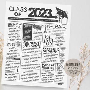 2023 年度卒業新聞、卒業パーティーの飾り付け、2023 年度卒業サイン、卒業パーティーの飾り付け、タイムカプセル ボックスのアイデア、デジタル印刷可能なダウンロード