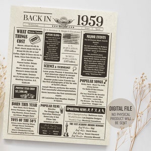 Terug in 1959 in recensie, verjaardagskrantbord, de jaren geleden poster, 1959 leuke weetjes poster, feestdecoraties, afdrukbare digitale download