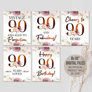 Printable 90th Milestone Birthday Decorations, 90 Birthday Party Signs for Her, 90 Years Loved, Table Decor, Digital Printable Download