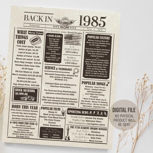 Back in 1985 in Review, Birthday Newspaper Sign, The Years Ago Poster, 1985 Fun Facts Poster, Party Decorations, Printable Digital Download