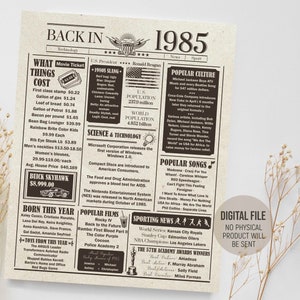 1985 年を振り返る、誕生日の新聞看板、昔のポスター、1985 年のおもしろ事実のポスター、パーティーのデコレーション、印刷可能なデジタル ダウンロード