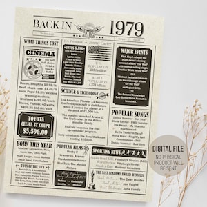 Back in 1979 in Review Poster, Party Decoration, Fun Facts 1979 Birthday Newspaper, Year You Were Born, Digital Printable Download