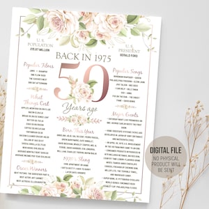 Year 1975 in Review, 50th Birthday Party Decor for Her, Back in 1975 Fun Facts Poster, 50 Years Woman Gift Idea, Digital Printable Download