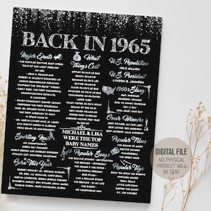 Back in 1965 Fun Facts Poster, Silber & Schwarz Party Dekoration, Geschenk Idee Geburtstag für Ihn | Her, 1965 in Rückblick, digital druckbare Download
