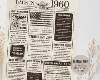 Back in 1960 in Review Newspaper Poster, The Year 1960 Fun Facts Sign, Birthday Gift Idea, Party Decorations, Digital Printable Download