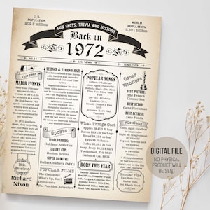 Jornal de curiosidades de 1972, pôster de aniversário vintage, placa de nascido em 1972 para ele | Ela, decorações de festa, download digital para impressão