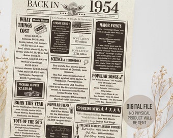 Back in 1954 Printable Newspaper Sign, Birthday Party Decorations for Him | Her, 1954 Fun Facts Poster, Digital Printable Download