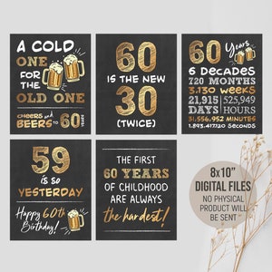 Printable 60th Birthday Decorations, Cheers and Beers to 60 Years Poster, Black & Gold 60th Birthday Party Signs, Digital Printable Download