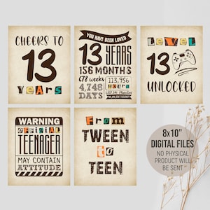 Letreros de saludos por los 13 años, decoraciones para el 13.° cumpleaños, obsequios divertidos para fiestas de adolescentes oficiales para niños o niñas, descarga imprimible digital