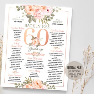 1965 60e verjaardagsdecoratie voor haar, cadeau voor vrouwen, bord met leuke weetjes terug in 1965, poster draaien 60 jaar, afdrukbare digitale download
