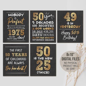 Decorações para impressão de 50º aniversário, pôster Cheers 50 anos, 1975, placas de festa de 50º aniversário pretas e douradas para homens, download digital para impressão
