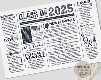 Class of 2025 Newspaper Placemat, Graduation Party Decorations Idea, The Year 2025 Fun Facts Dinner Table mat, Digital Printable Download