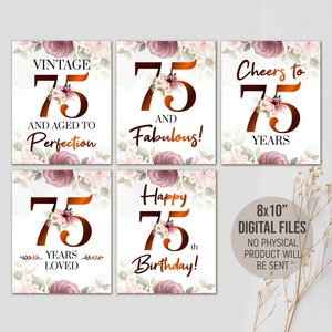 Printable 75th Milestone Birthday Decorations, 75th Birthday Party Signs for Her, 75 Years Loved, Table Decor, Digital Printable Download