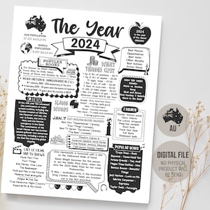 Australien Das Jahr 2024 Zeitkapsel, Geboren in 2024 Australian Fun Facts Schild, AU 2024 Andenken Geschenk Geburtstag, digitale druckbare Download