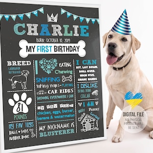 Dog Birthday Chalkboard Sign, Dog Party, Pet 1st Birthday Chalkboard, Dog First Birthday Poster, Dog's Personalized Custom Sign, Digital
