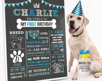 Dog Birthday Chalkboard Sign, Dog Party, Pet 1st Birthday Chalkboard, Dog First Birthday Poster, Dog's Personalized Custom Sign, Digital