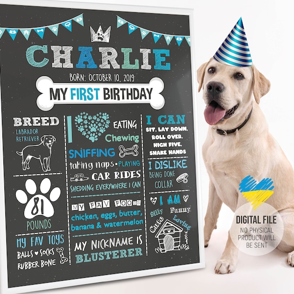 Dog Birthday Chalkboard Sign, Dog Party, Pet 1st Birthday Chalkboard, Dog First Birthday Poster, Dog's Personalized Custom Sign, Digital