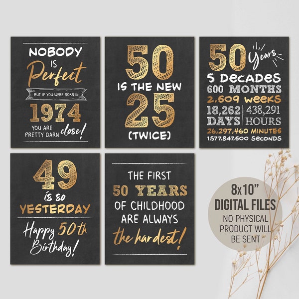 Printable 50th Birthday Decorations, Cheers 50 Years Poster, 1974 Black & Gold 50th Birthday Party Signs for Man, Digital Printable Download