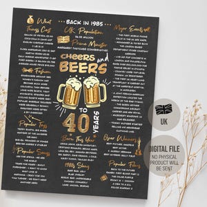 1985 in UK, Cheers and Beers to 40 Jahre Poster Schild, Zurück im Jahr 1985 Fun Facts, 40.Geburtstagsdekoration für Ihn, digitaler Download