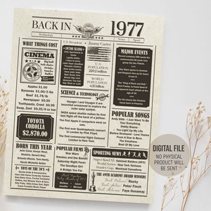 Terug in 1977 in Review, Verjaardag Krant Sign, The Years Ago Poster, 1977 Fun Facts Poster, Party Decorations, Printable Digital Download
