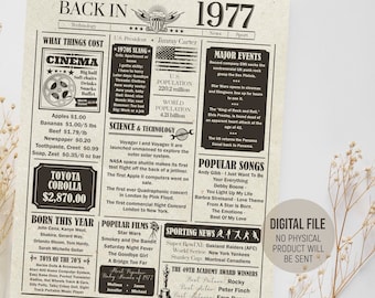 Back in 1977 in Review, Birthday Newspaper Sign, The Years Ago Poster, 1977 Fun Facts Poster, Party Decorations, Printable Digital Download