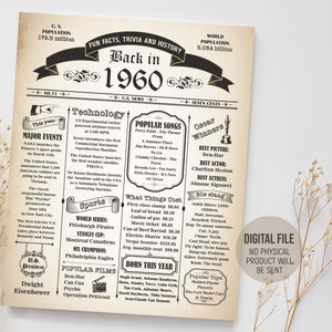 Back in 1960 Fun Facts-krant, vintage verjaardagsposter, bordje voor hem geboren in 1960 | Haar, feestdecoraties, afdrukbare digitale download