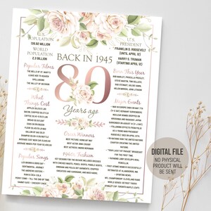 Das Jahr 1945 im Rückblick, 80.Geburtstag Party Dekoration Idee, Zurück im Jahr 1945 Fun Facts Poster, Vor 80 Jahren Schild, digitaler Download