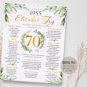 70er Geburtstag Poster, damals 1955 Fun Facts Schild, Party Dekoration, Frau vor 70 Jahren Geschenk, 1955 in Rückblick Bord, digitale druckbare Datei