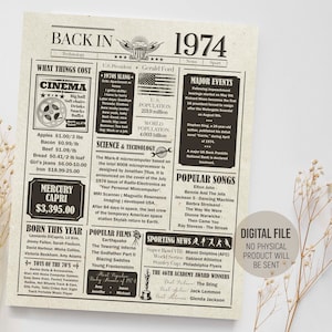 Terug in 1974 in Review, Verjaardag Krant Sign, The Years Ago Poster, 1974 Fun Facts Poster, Party Decorations, Printable Digital Download
