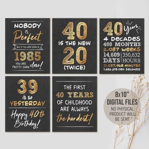 40. Geburtstag-Partydekoration für Männer, Prost auf 40 Jahre Schild-Pack, geboren 1985 schwarz & goldene Tischdekoration, digitaler Download