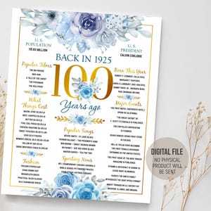 100e verjaardagsposter, terug in 1925 Leuke weetjes Blauw en goud bord, cadeau voor vrouw, 100 jaar feestdecoratie idee, afdrukbare digitale download