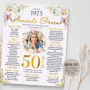 Decoratie 50e verjaardag, What Happen in 1975 gepersonaliseerd idee, 50e verjaardagscadeau voor vrouwen, poster terug in 1975, afdrukbaar digitaal bestand