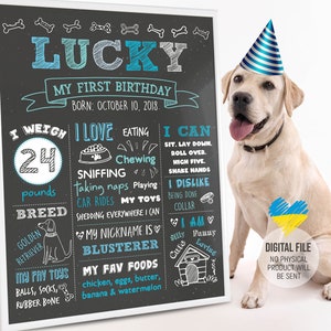 Dog Birthday Chalkboard Sign, First Puppy Birthday Banner, 1st Dog Party Decorations, Personalized Pet Gifts, Digital Printable