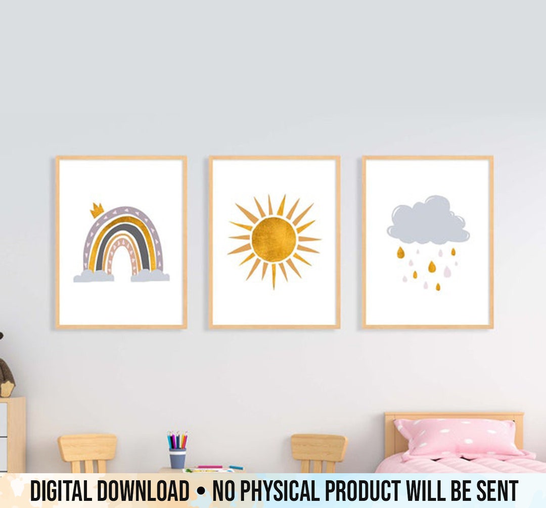 Gold Sun Cloud Rainbow, Boho Rainbow Print, Set of 3 Prints, Girl ...