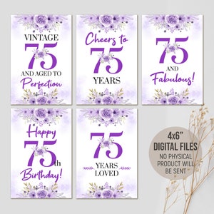 Printable 75th Milestone Purple Decorations, 75th Birthday Party Signs for Her, 75 Years Loved, Table Decor, Digital Printable Download
