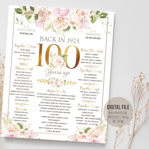1925 年のポスター、100 歳の誕生日のサイン、1925 年生まれの楽しい事実のボード、100 年前のギフト、パーティーのデコレーション、印刷可能なデジタル ダウンロード