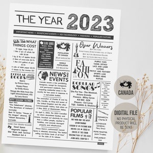 Canada The Year 2023 Time Capsule, Born in 2023 in Review Sign, Fun Facts 2023 Newspaper, Keepsake Gift Birthday, Digital Printable Download