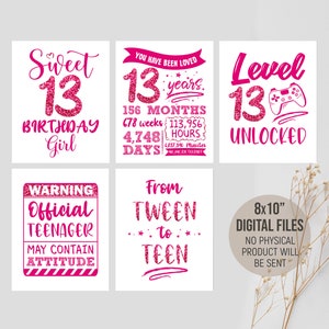 13. Geburtstag Dekorationen, Hot Pink Gastgeschenke für Sie, lustige Lieferungen für Mädchen, Prost auf 13 Jahre Zeichen, digital druckbare Download