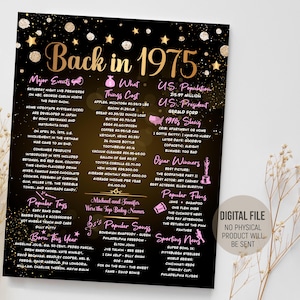 Póster de 1975, decoraciones de fiesta con purpurina rosa y dorada, letrero con datos curiosos del año 1975, idea de regalo de cumpleaños para ella, descarga imprimible digital